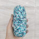 Hand holding colorful twisted yarn skein.