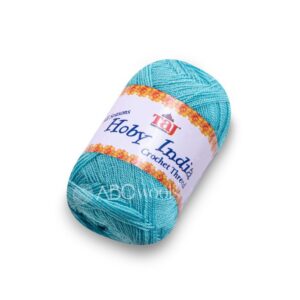 Blue crochet thread skein on white background.